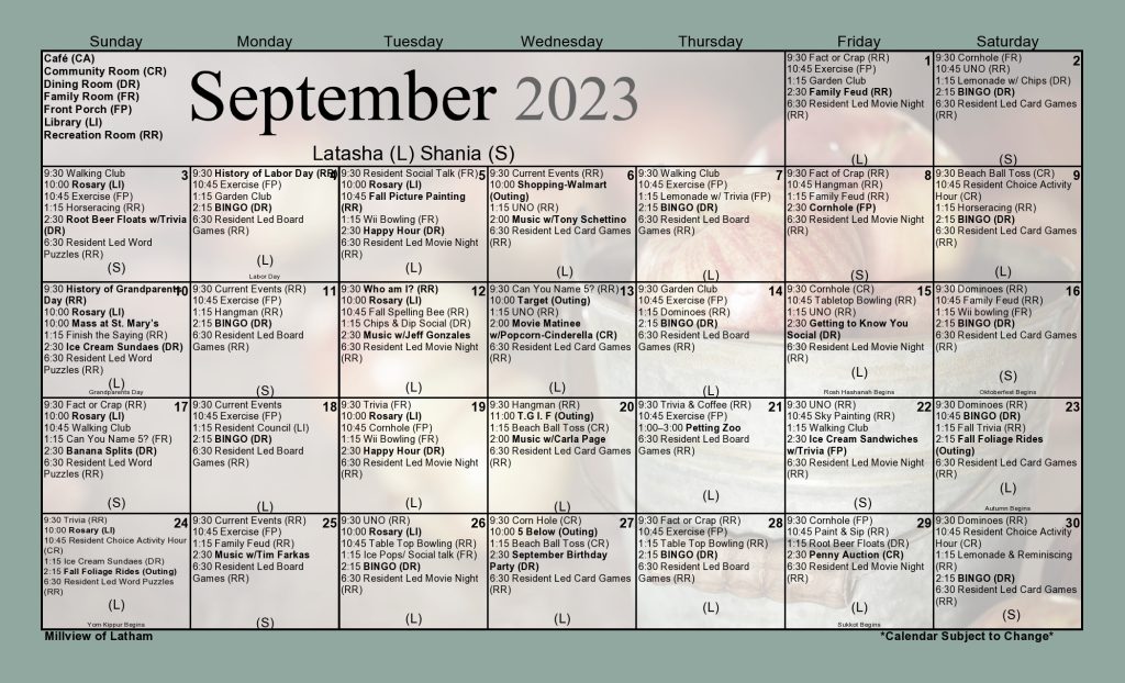 Sept. 2023 Activities Calendar